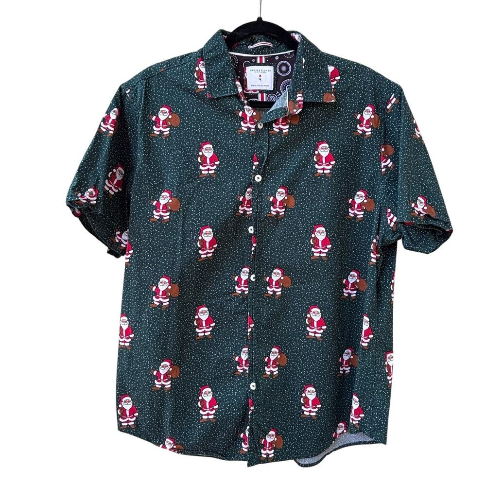 Denim & Flower Button Up Shirt Santa Snow Christmas Green Collared Ricky Singh
